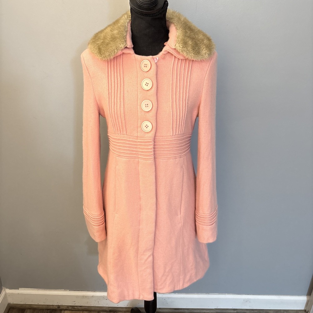 VTG  Coffee Shop Women's Long Winter Coat Size M Pink Wool Blend Faux Fur Collar